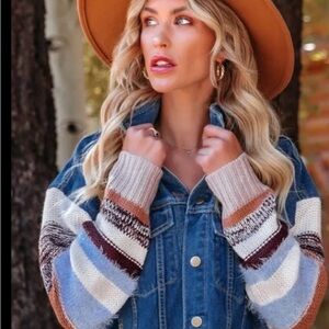 Denim Jacket with Multicolor Knit Sleeves